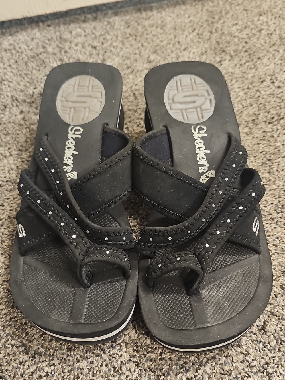 Skechers Black Slip-On Sandals with Crystal Accent Straps
